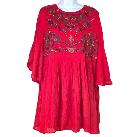 Umgee Boho Red Floral Embroidered Bell Sleeve Flouncy Babydoll Mini Dress XL - Picture 2 of 7